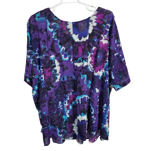 Roamans NWOT Sz 5X Tunic Button Blouse Floral Print Gauzy Crinkle Cotton Purple - Picture 3 of 12